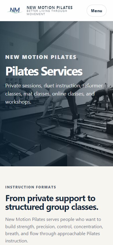 New Motion Pilates services page on mobile