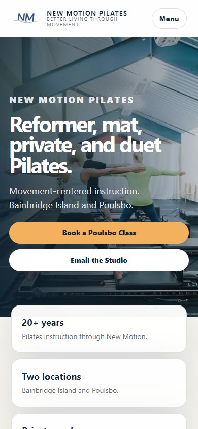 New Motion Pilates homepage on mobile